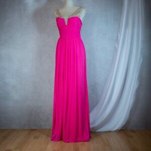 Way-In Prom Formal Maxi Dress Hot Mesh Detailing With Jewels Bright Pink Size 3